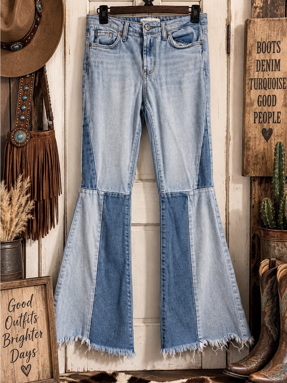 Almost Famous Size 3 Patchwork Flare Jeans Two Tone Raw Hem Western Boho